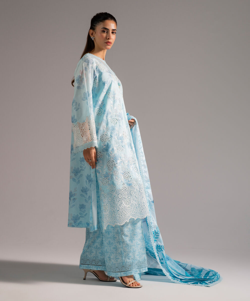 Women's RTW Self Jacquard Embroidered Light Blue 3 Piece Suit
