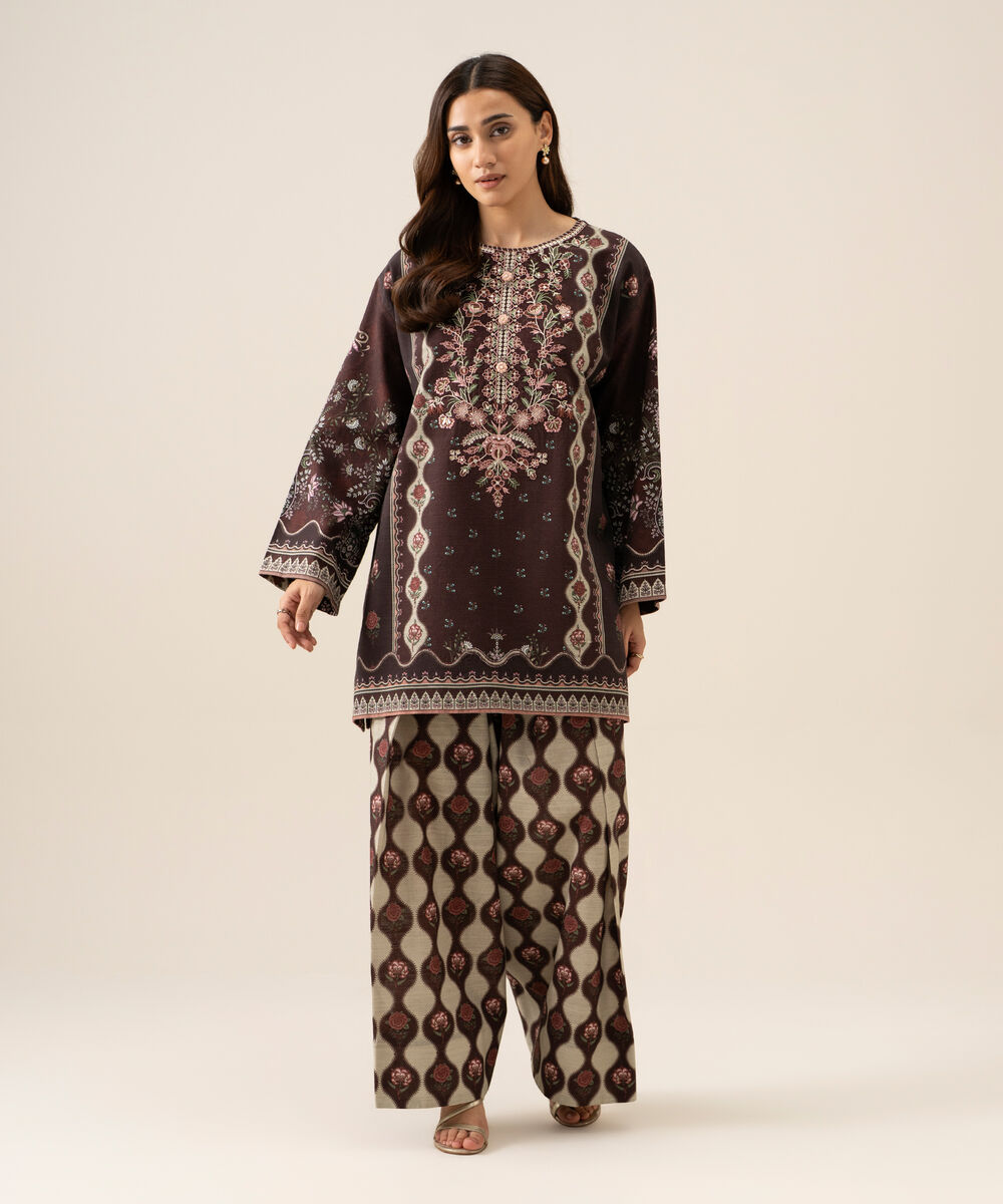Women's Unstitched Light Khaddar Printed Burgundy 2 Piece Suit