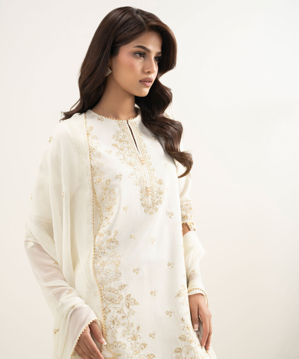 Women's Unstitched Raw Silk Embroidered Off White  3 Piece Suit