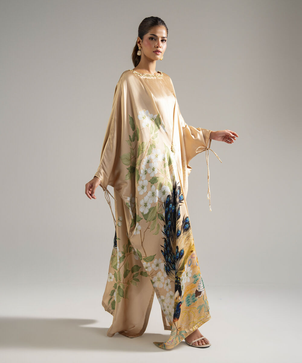 Women's RTW Blended Satin Printed Beige Kaftan