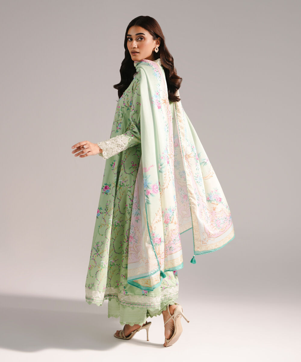 Women's RTW Cotton Satin Embroidered Mint Green 3 Piece Suit