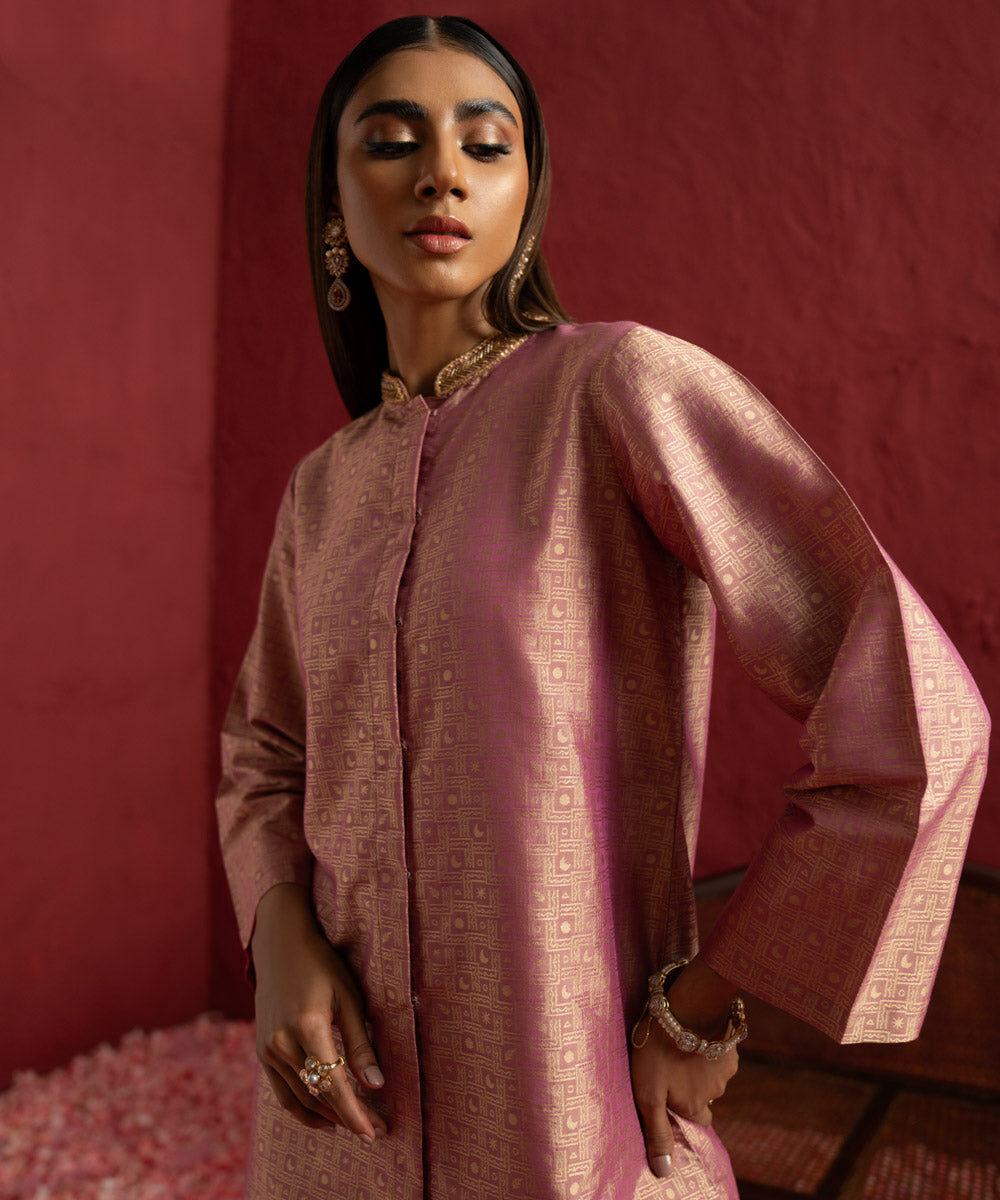 Women's Pret Blended Jacquard Light Mauve Front Open Jacket