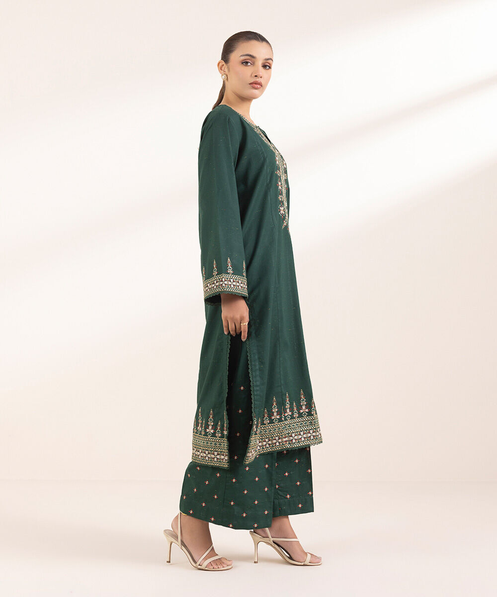 Women's Pret Multineps Green Embroidered A-Line Shirt