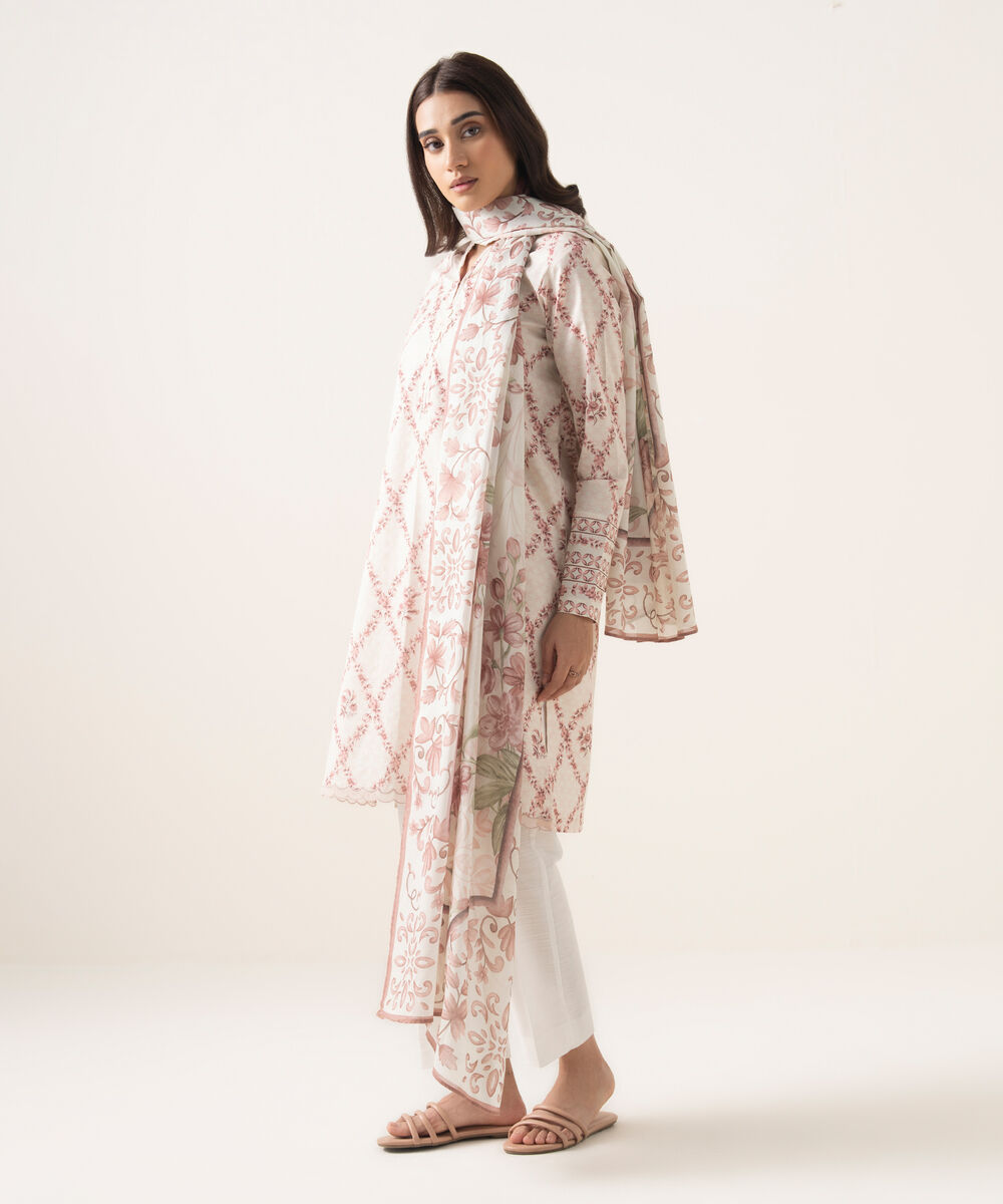 Women's Unstitched Lawn Printed Pink 3 Piece Suit