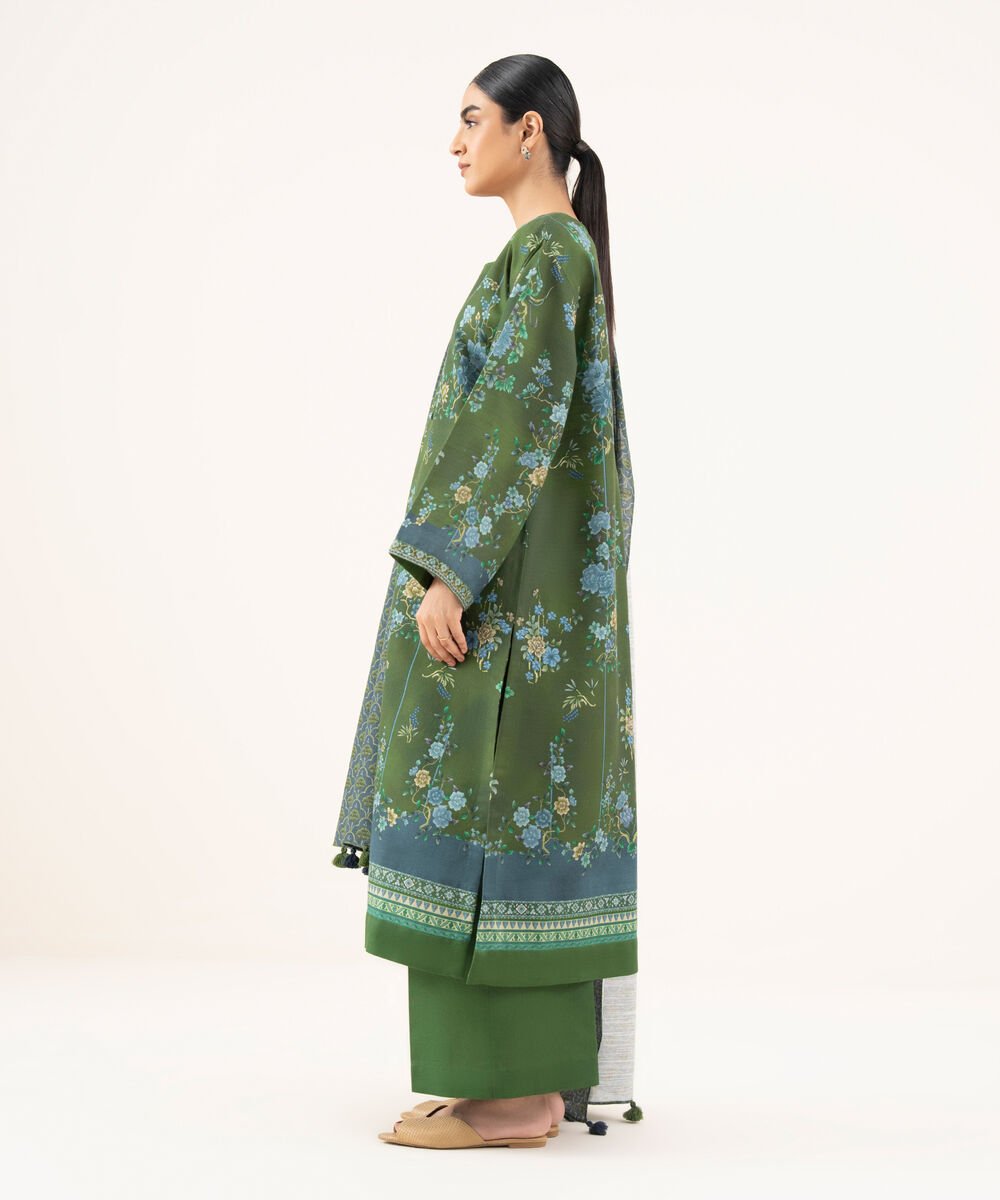 Women's Unstitched Light Khaddar Printed Green 3 Piece Suit