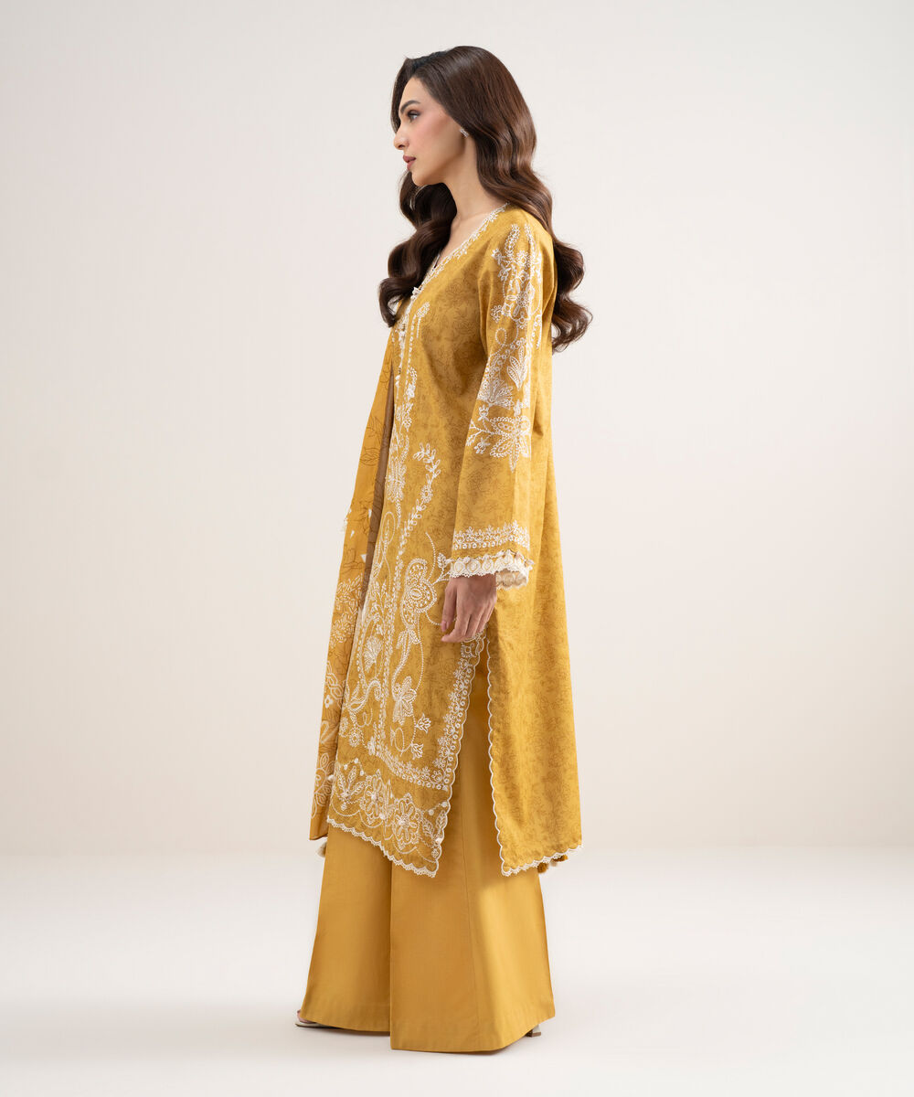 Women's Unstitched Lawn Embroidered Mustard 3 Piece Suit