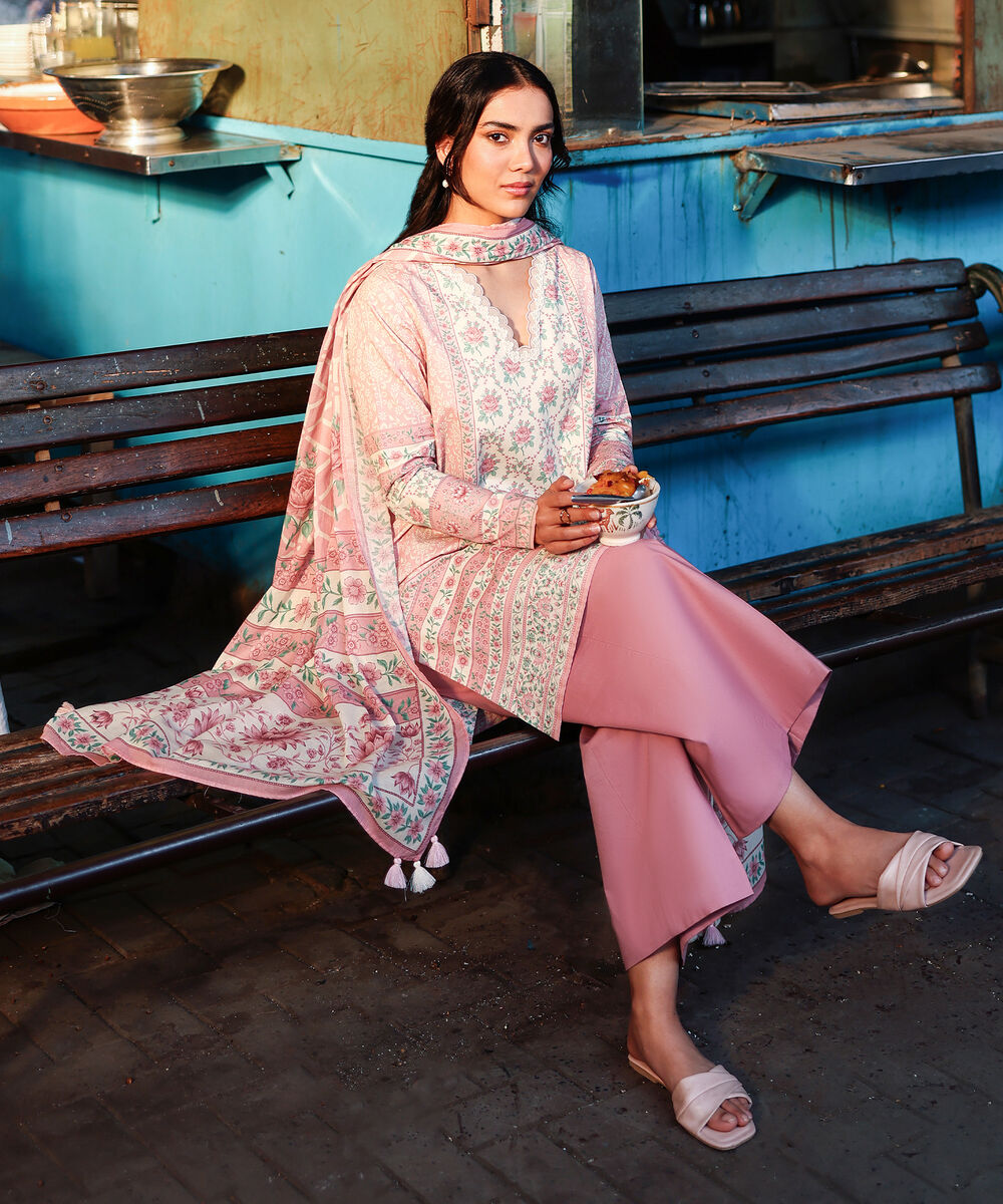 Women's Unstitched Lawn Printed Pink 3 Piece Suit