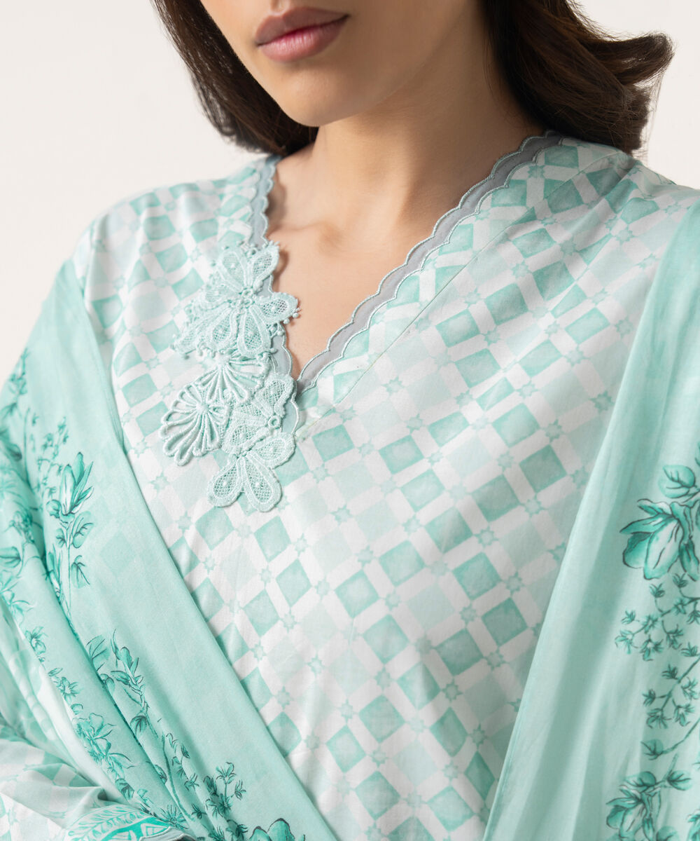 Women's Unstitched Lawn Printed Blue 3 Piece Suit