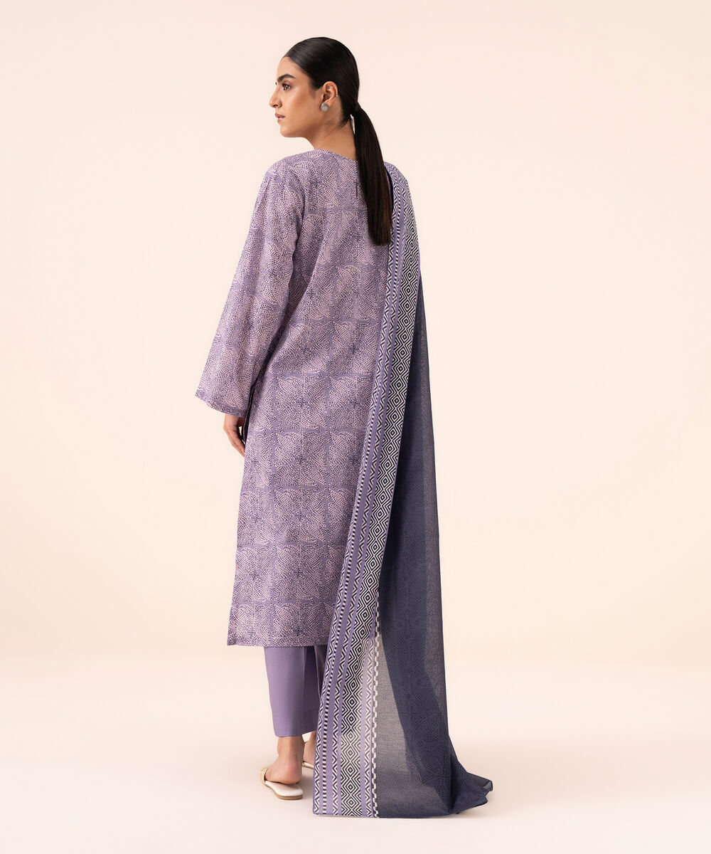 Women's Unstitched Cotton Printed Purple Three Piece Suit