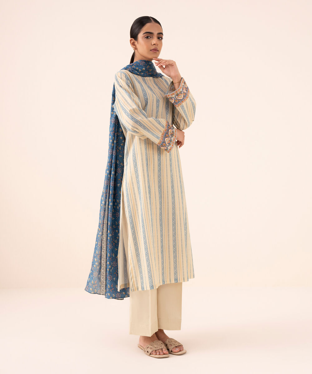 Women's Unstitched Cotton Printed Off White Three Piece Suit