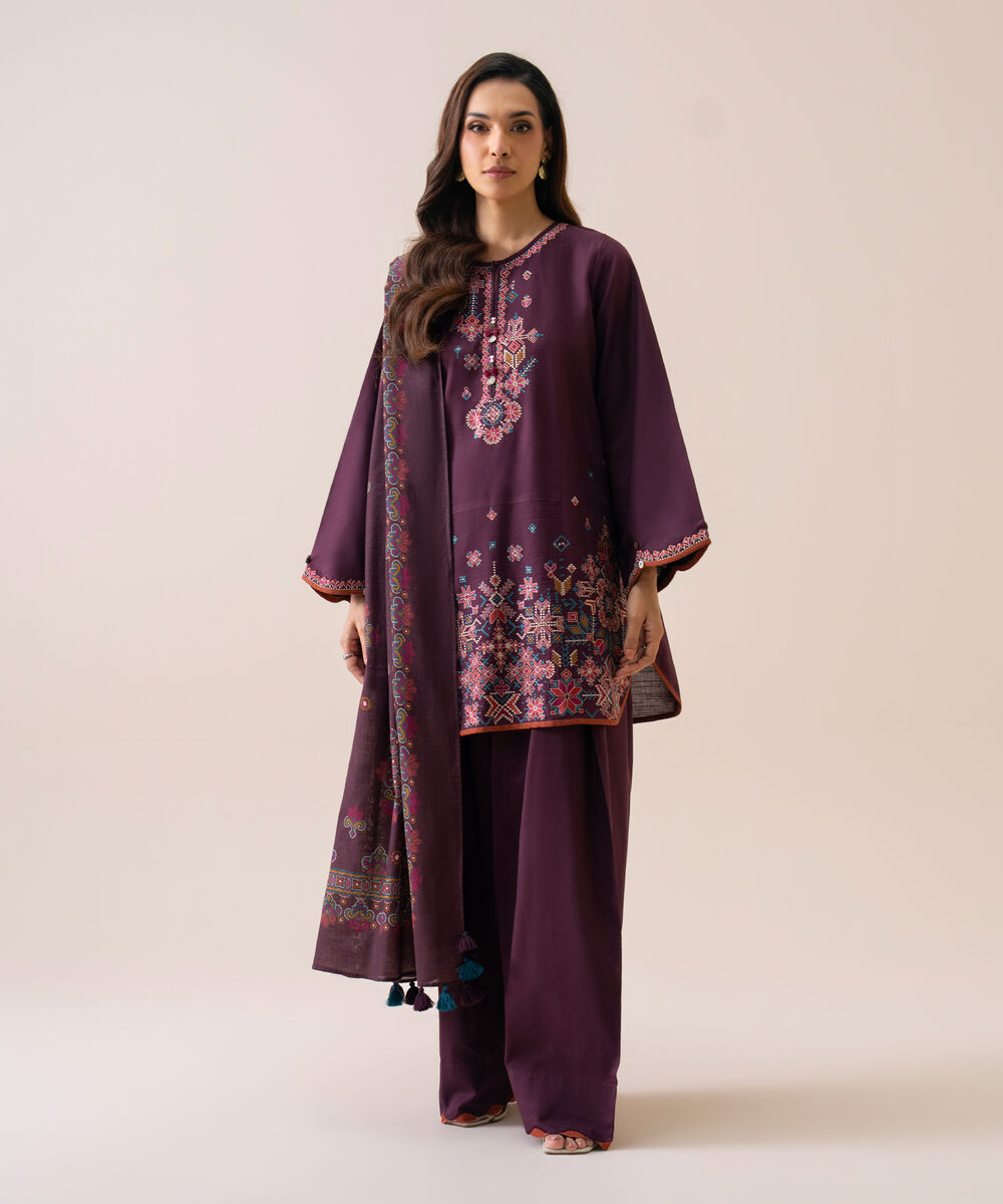 Women's Unstitched Light Khaddar Embroidered Plum 3 Piece Suit