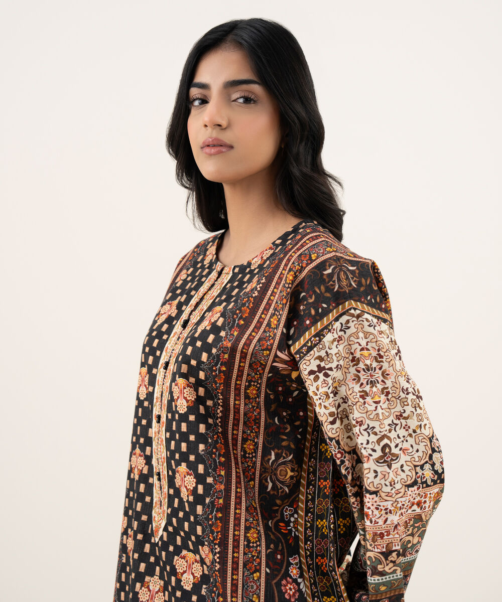 Women's RTW Khaddar Embroidered Straight Black Shirt