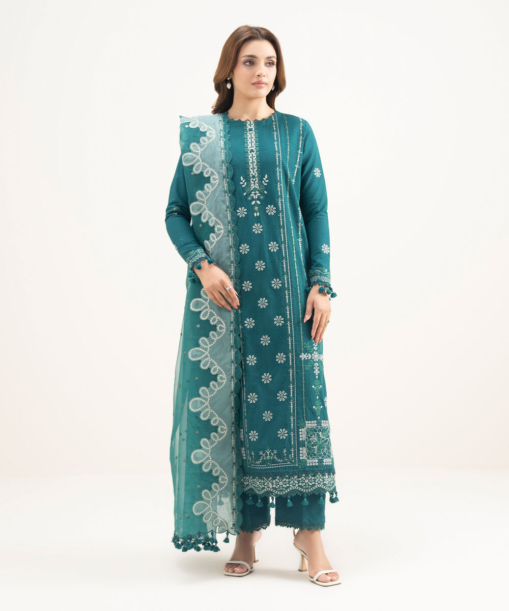 Women's Unstitched Dobby Embroidered Green 3 Piece Suit