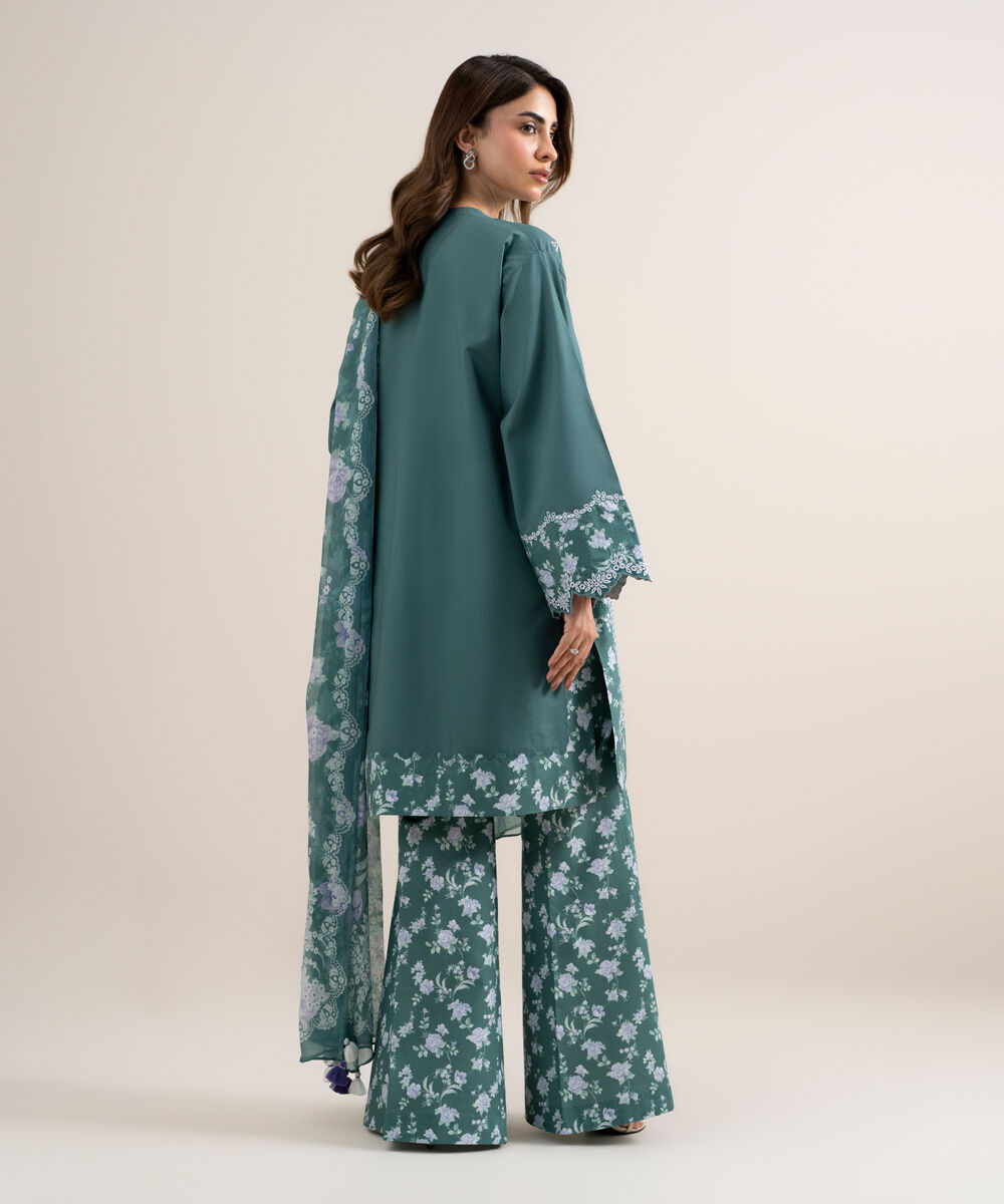Women's Unstitched Dobby Embroidered Green 3 Piece Suit
