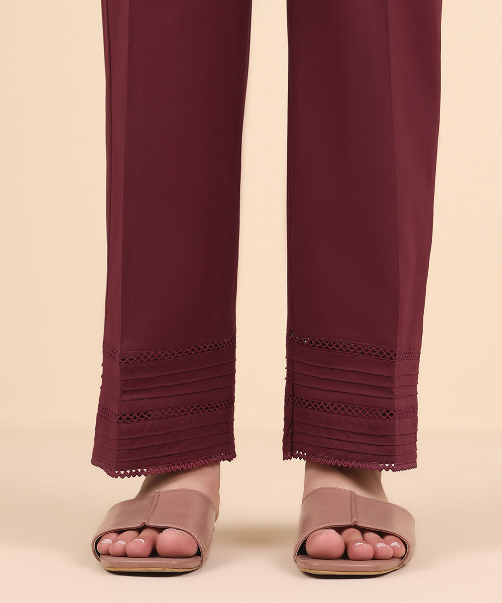 Women's Pret Cambric Red Solid Straight Pants