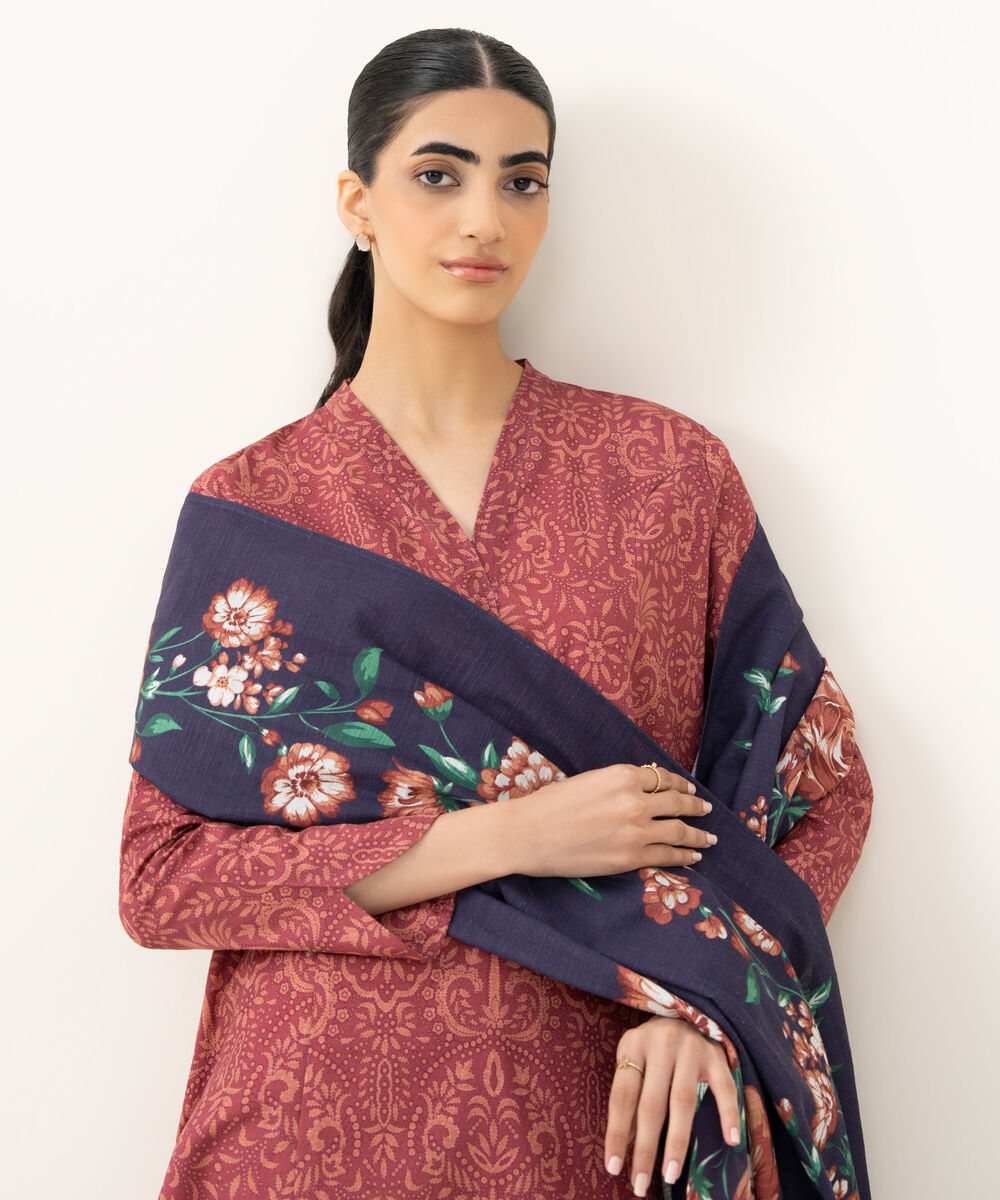 Women's Unstitched Printed Dobby Red 3 Piece Suit