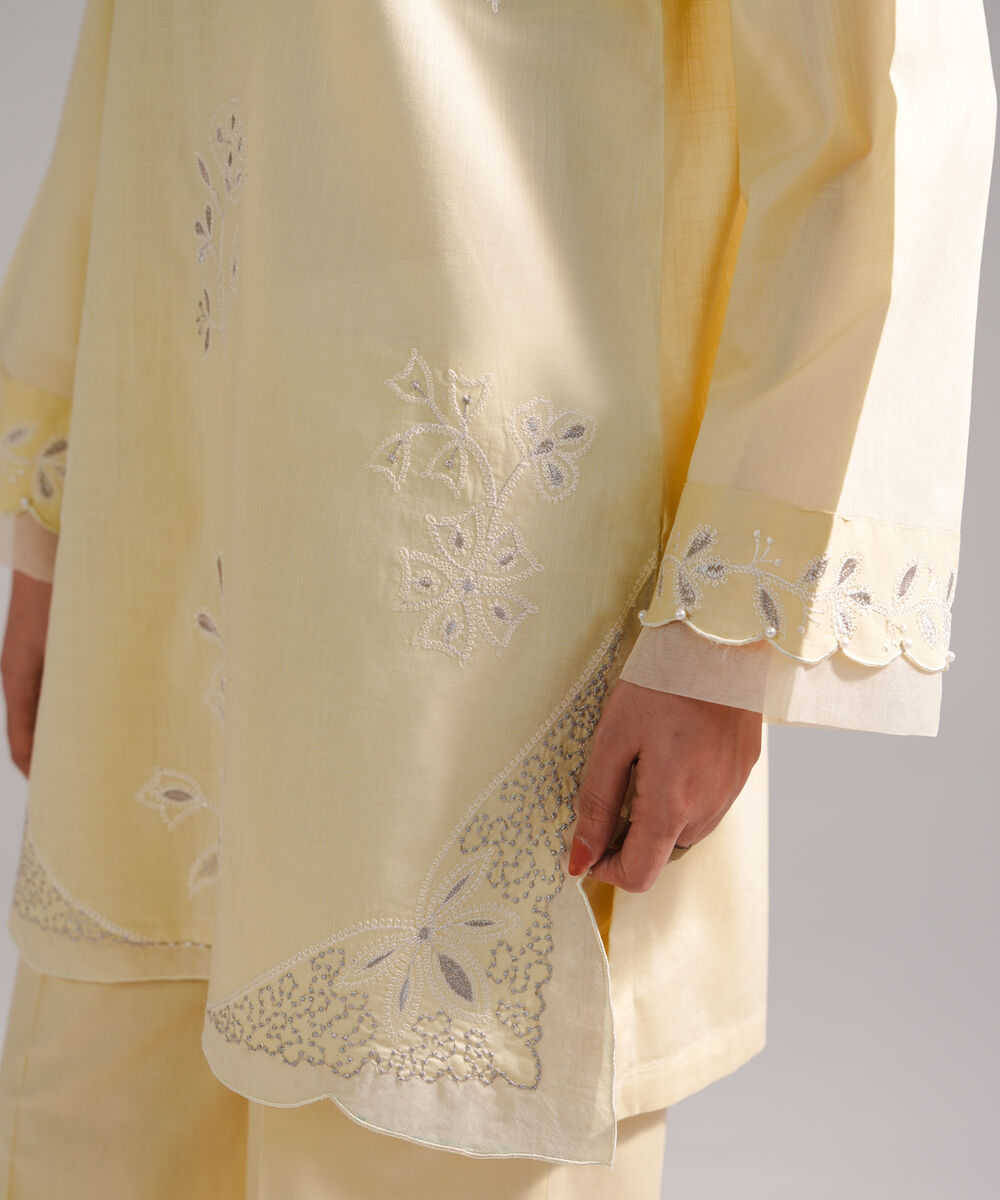 Women's RTW Cross Hatch Embroidered Pale Yellow Straight Shirt