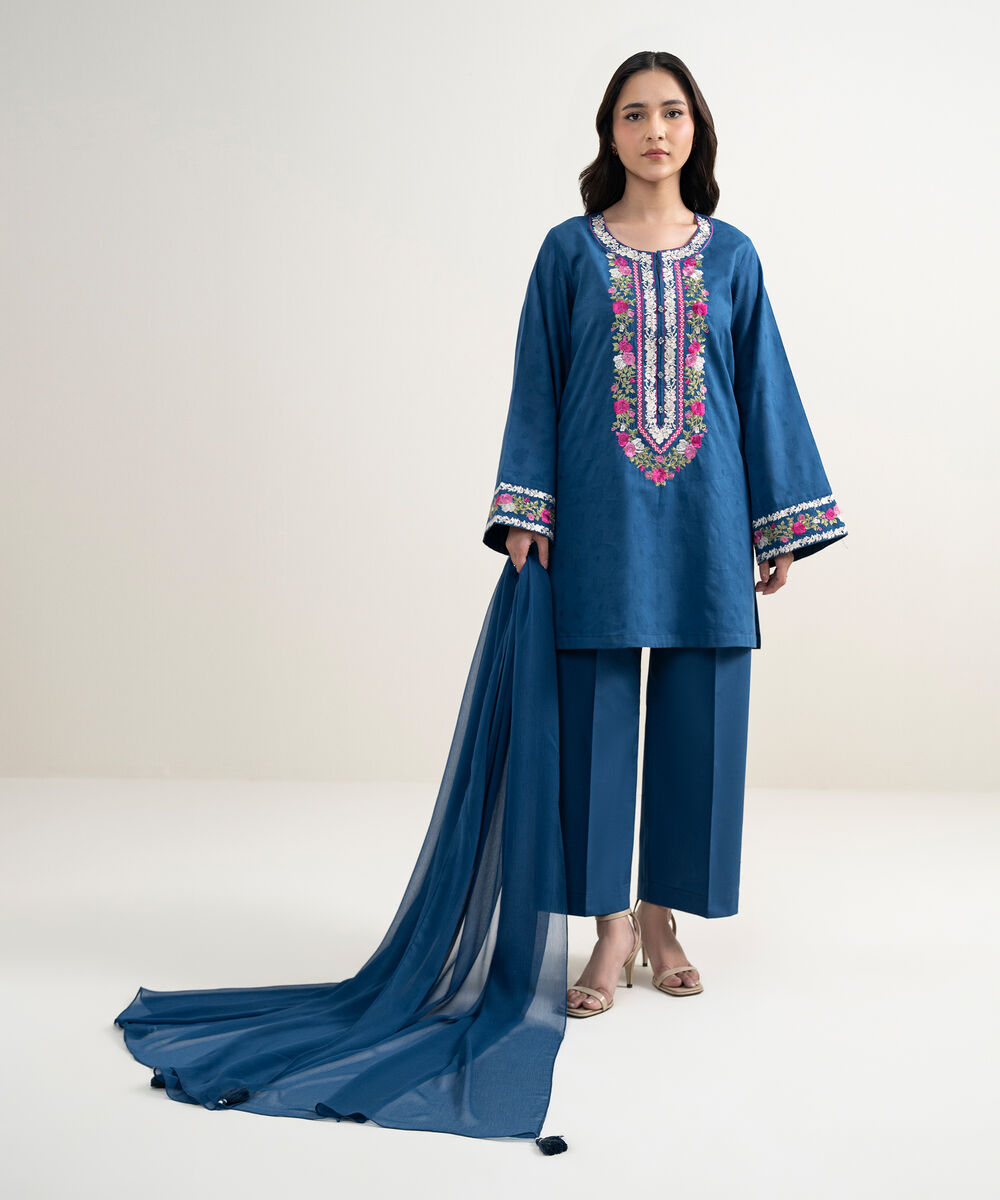 Women's RTW Self Jacquard Embroidered Blue 3 Piece Suit