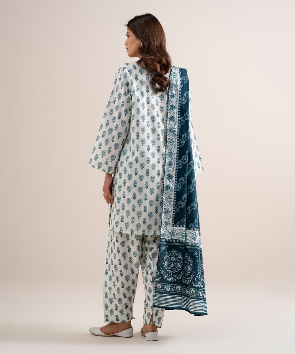 Women's Unstitched Lawn Printed Blue and White  3 Piece Suit