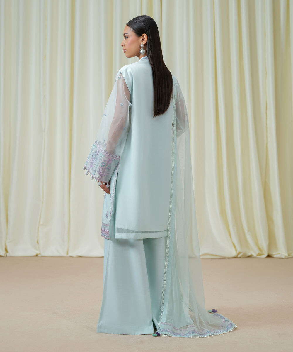 Women's Unstitched Blended Organza Embroidered Blue 3 Piece Suit