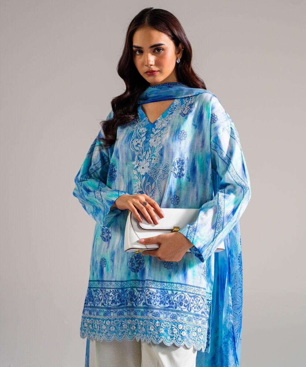 Women's RTW Dobby Embroidered Blue 3 Piece Suit