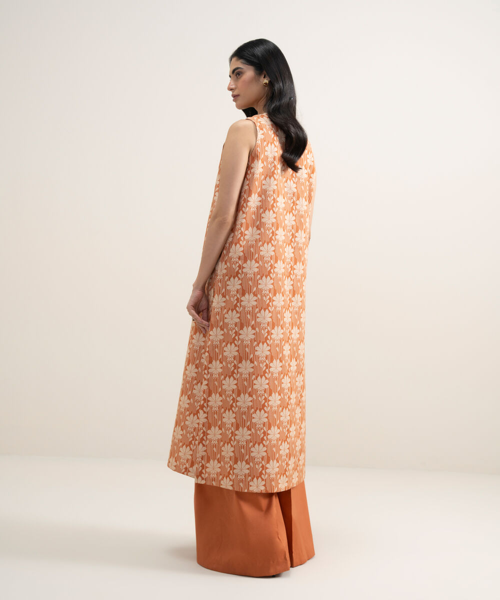 Women's Unstitched Lawn Embroidered Off White and Orange 2 Piece Suit