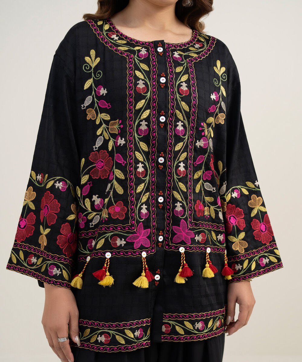 Women's RTW Dobby Embroidered Black Drop Shoulder Shirt
