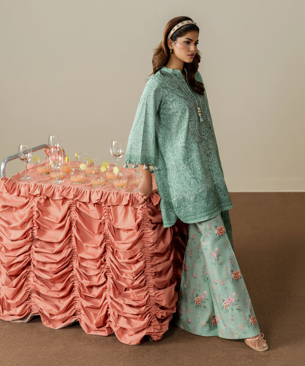 Women's Unstitched Lawn Embroidered Aqua Green 3 Piece Suit