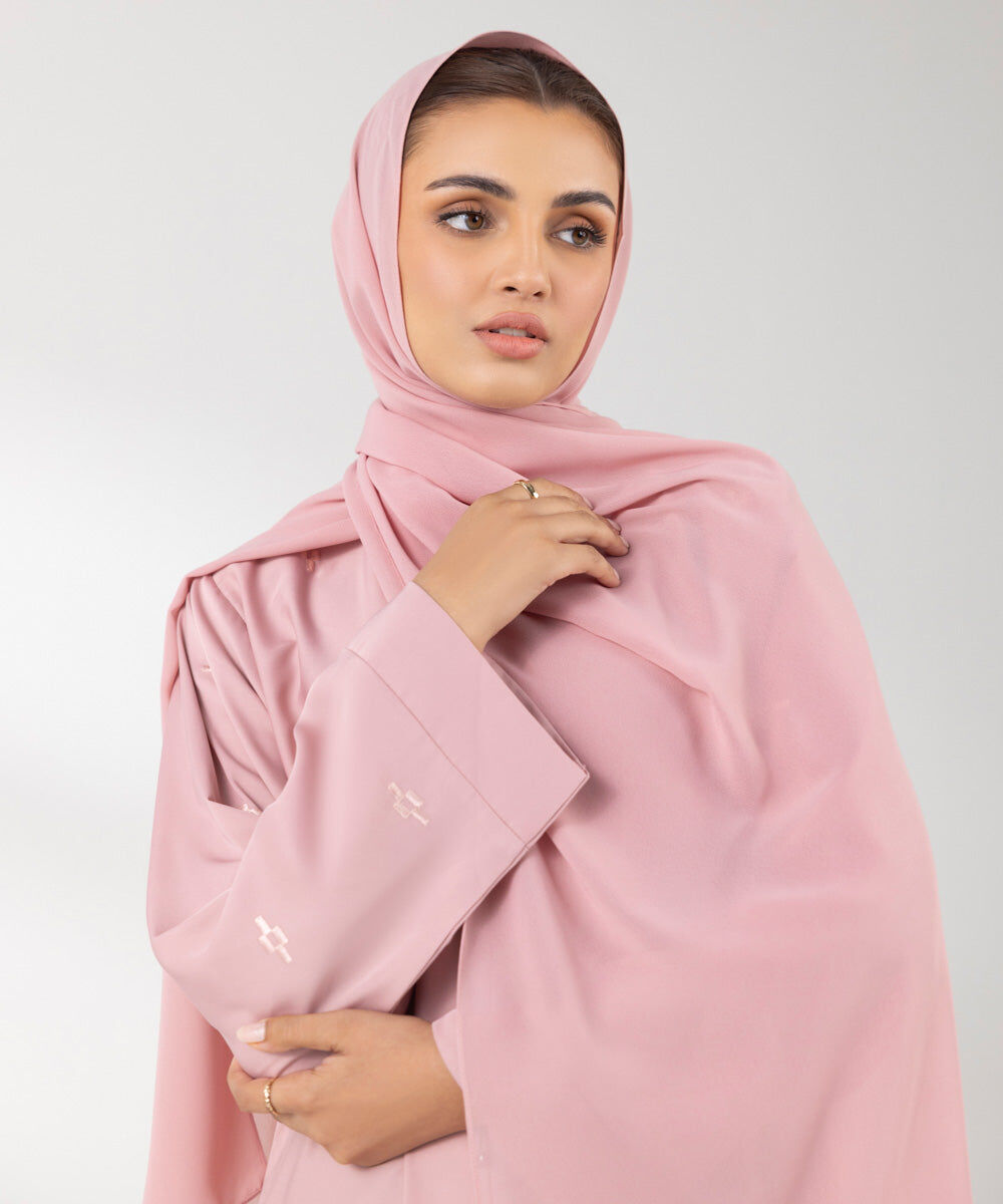 Woman - Pink Embroidered Button Through Abaya Set