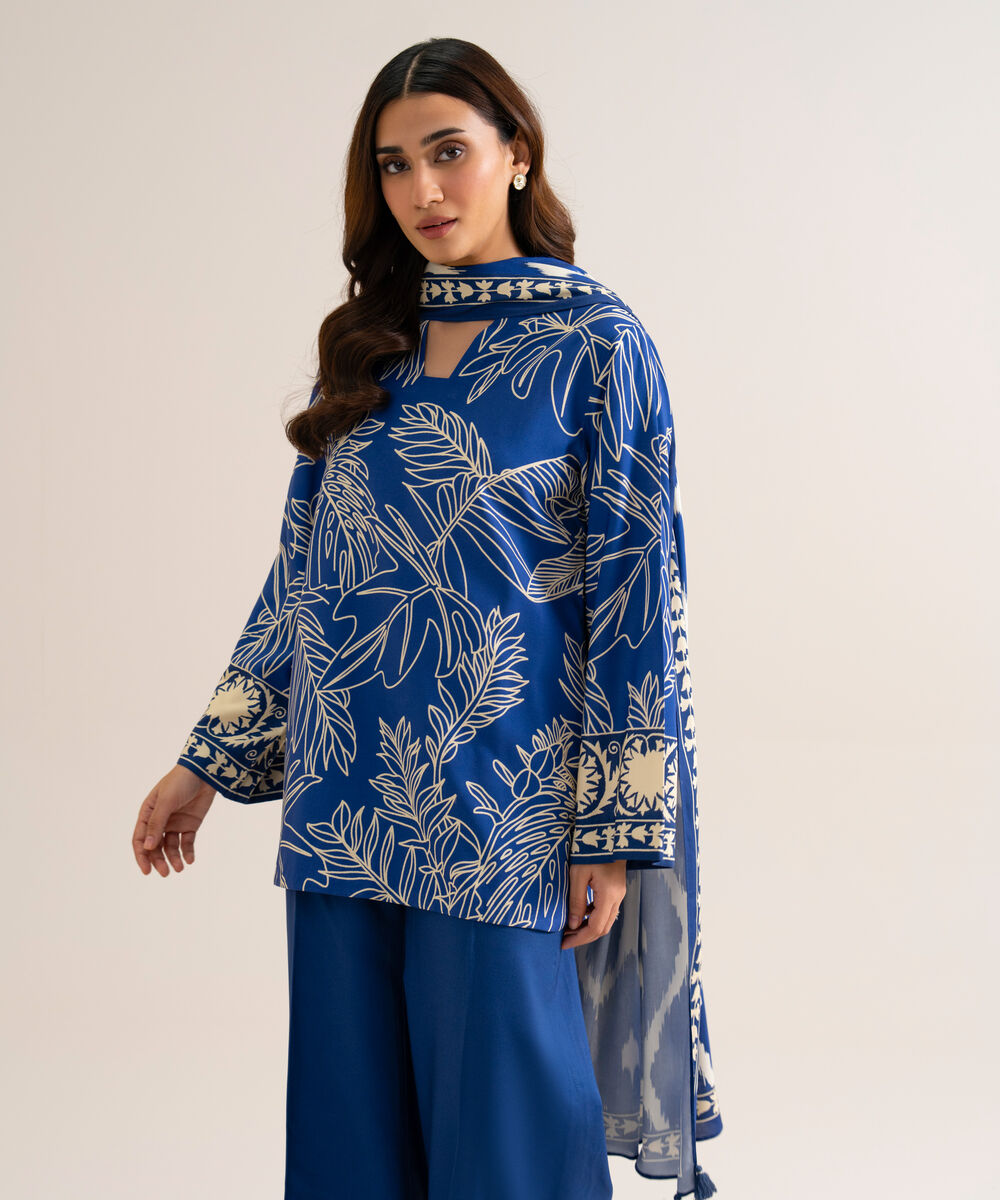Women's Unstitched Viscose Linen Printed Blue 3 Piece Suit