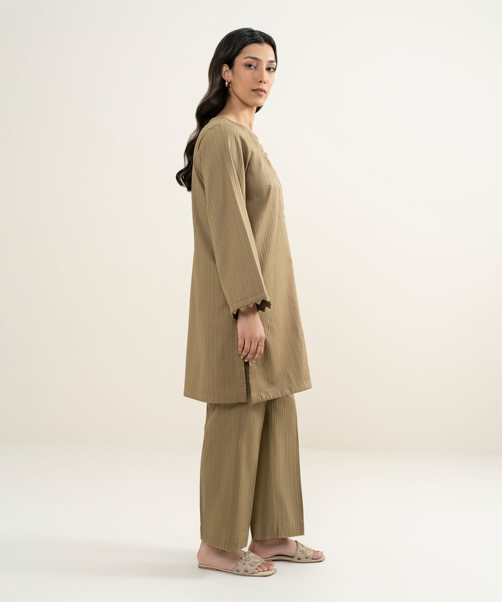 Women's RTW Dobby Solid Beige Straight Shirt