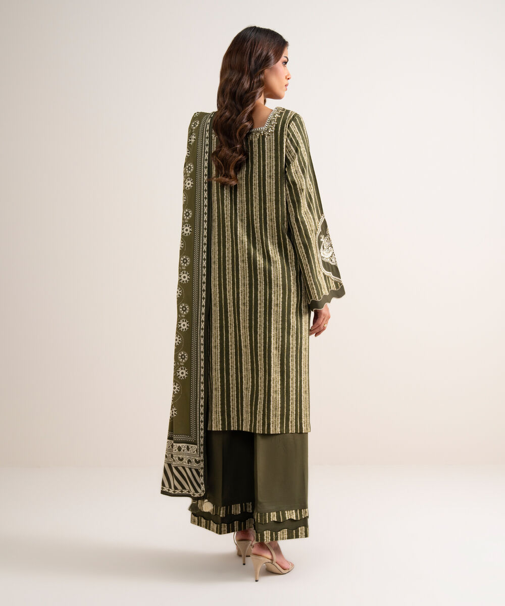 Women's Unstitched Printed Linen Olive Green 3 Piece Suit