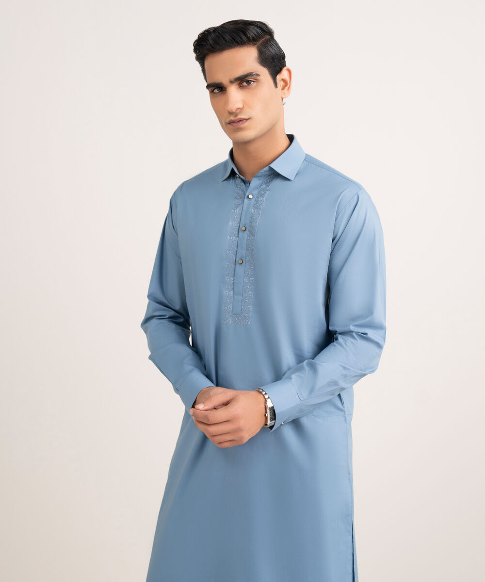 Men'S Stitched Medium Blue Premium Cotton Suit