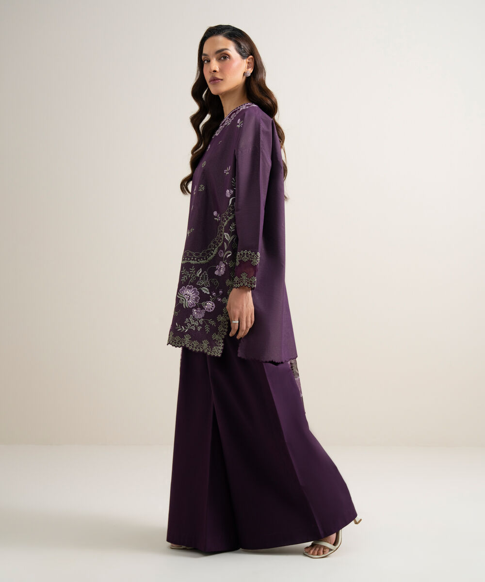 Women's Unstitched Zari Lawn Embroidered Purple 3 Piece Suit
