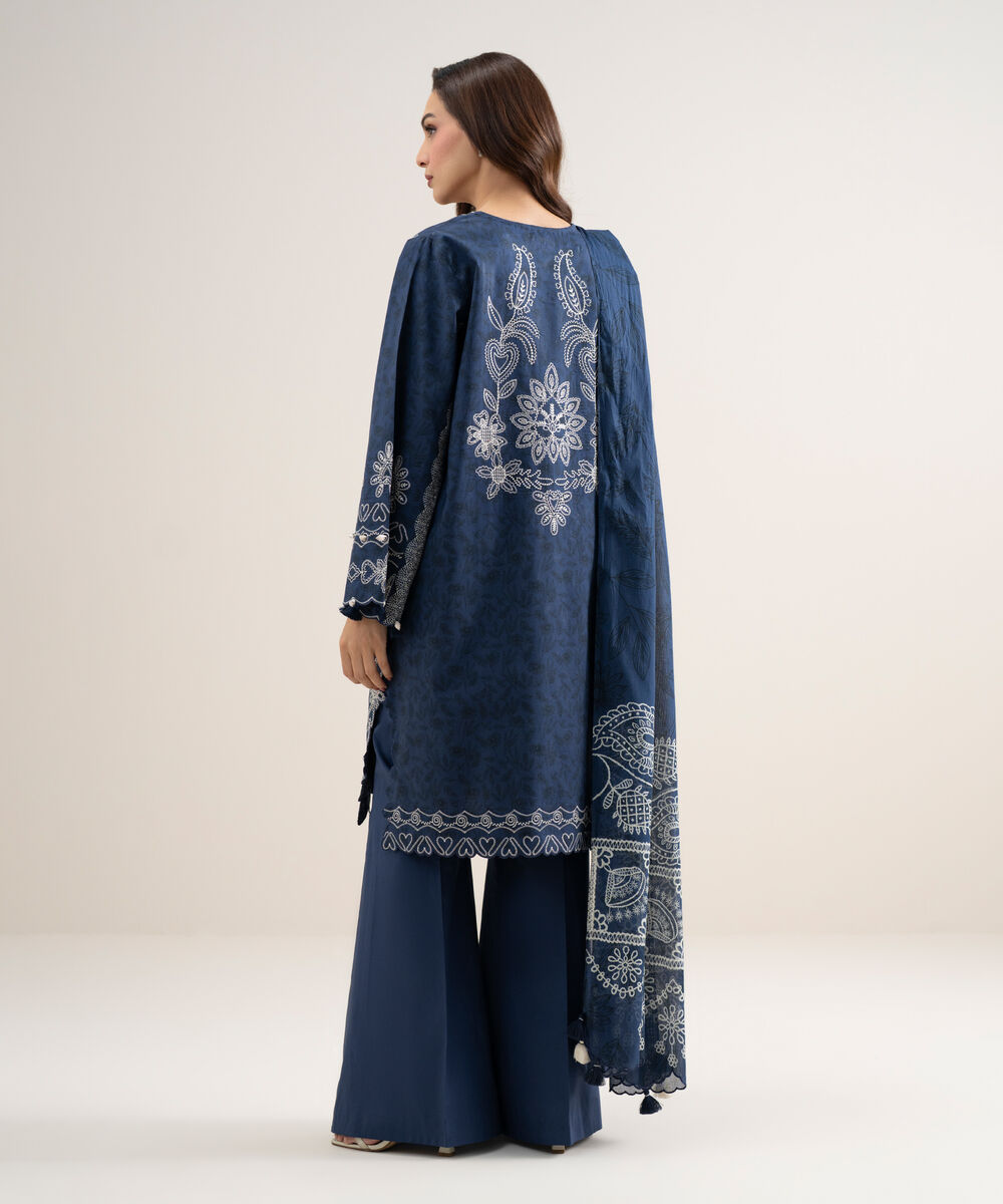 Women's Unstitched Lawn Embroidered Blue 3 Piece Suit