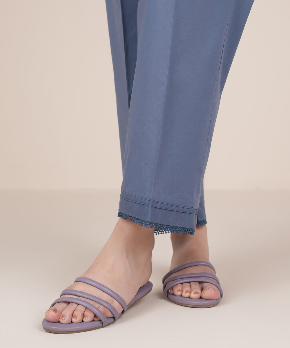 Women's RTW Cambric Blue Solid Straight Pants