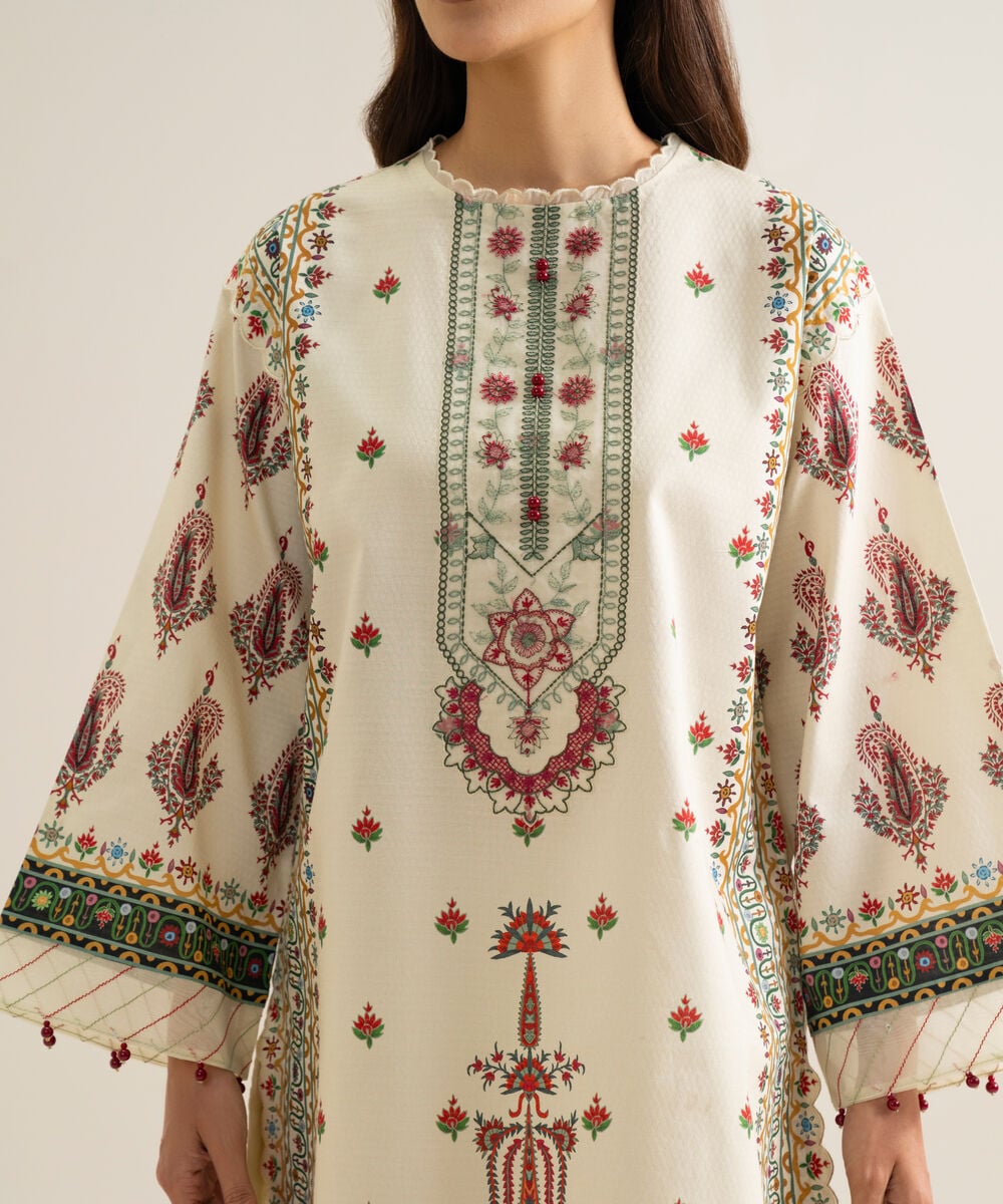 Women's Unstitched Blended Chiffon Printed Ivory 3 Piece Suit