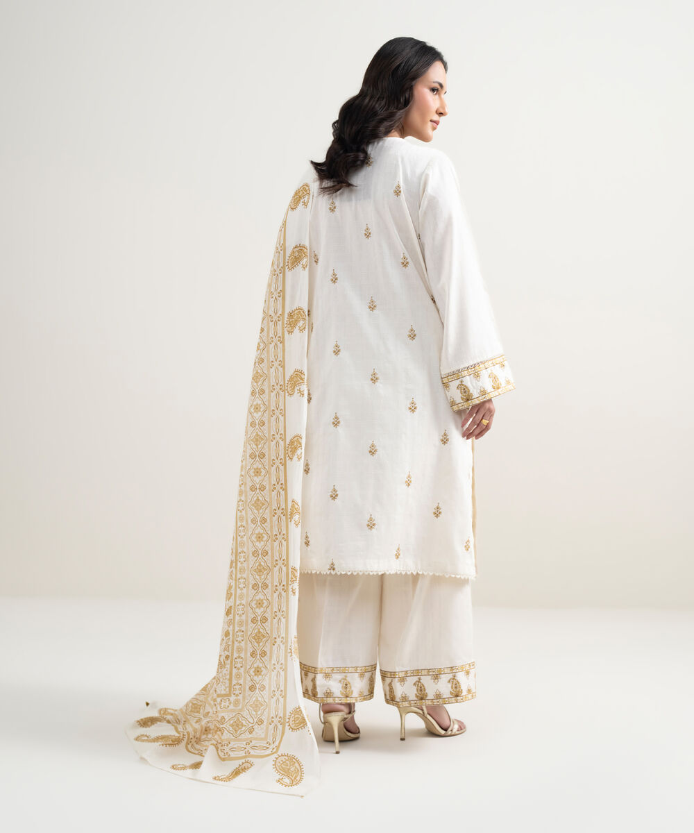 Women's RTW Dobby Embroidered Cream White 3 Piece Suit