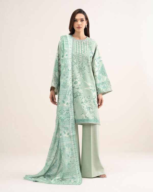 3 Piece - Embroidered Raw Silk Suit