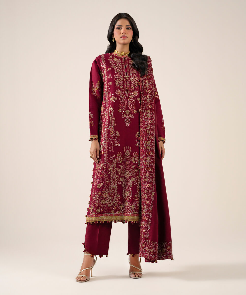 Women's Unstitched Basic Khaddar Embroidered Maroon 3 Piece Suit