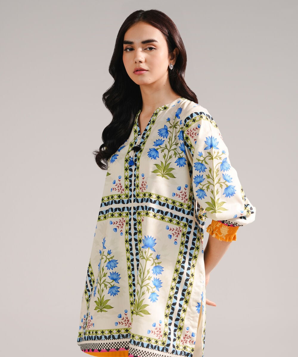 Women's RTW Textured Lawn Printed Off White Straight Shirt