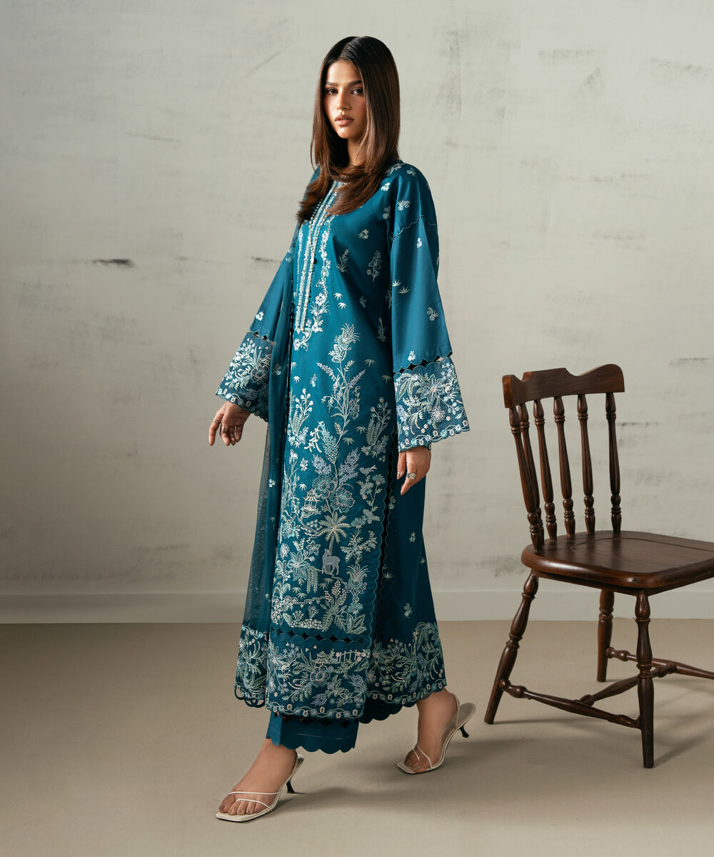 Women's Unstitched Fine Cotton Satin Embroidered Blue 3 Piece Suit