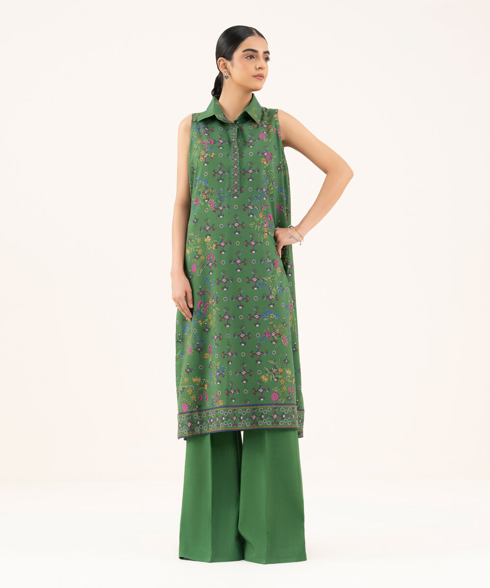Women's Unstitched Viscose Khaddar Printed Green 2 Piece Suit
