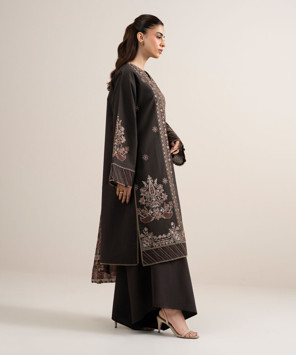 Women's Unstitched Textured Lawn Embroidered Brown 3 Piece Suit