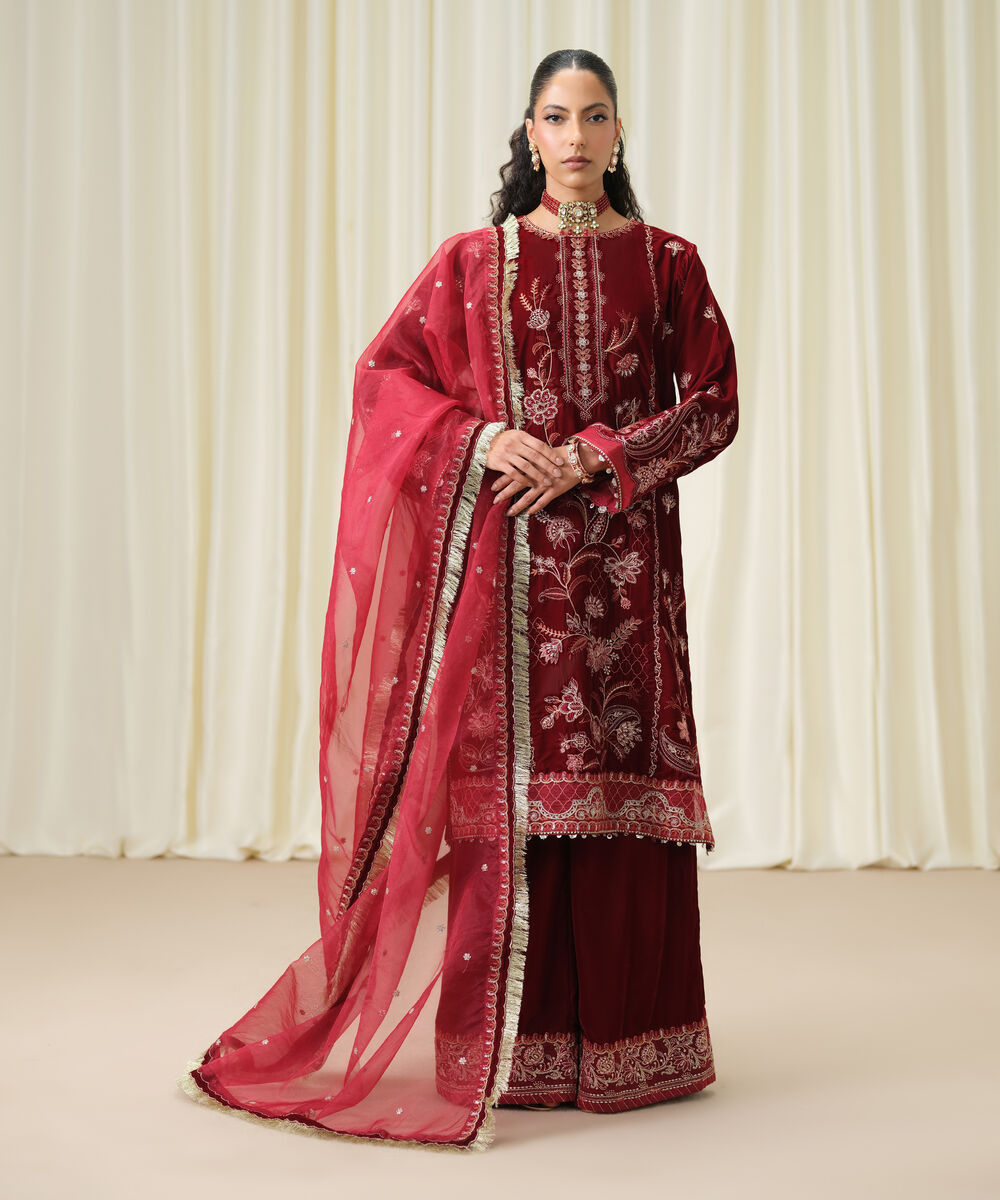 Women's Unstitched Embroidered Velvet Maroon 3 Piece Suit