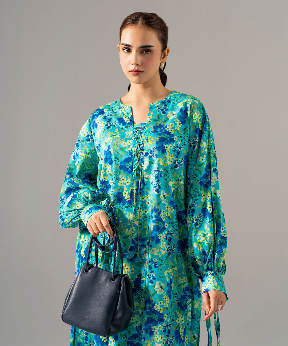Women's RTW Cotton Viscose Printed Turquoise Dress
