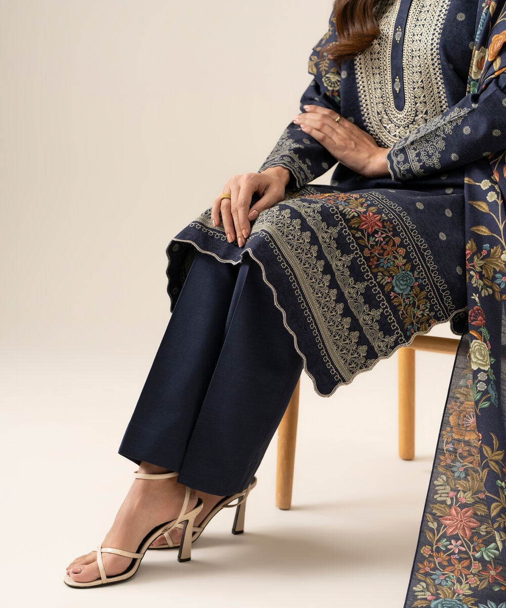 Women's Unstitched Light Khaddar Embroidered Blue 3 Piece Suit