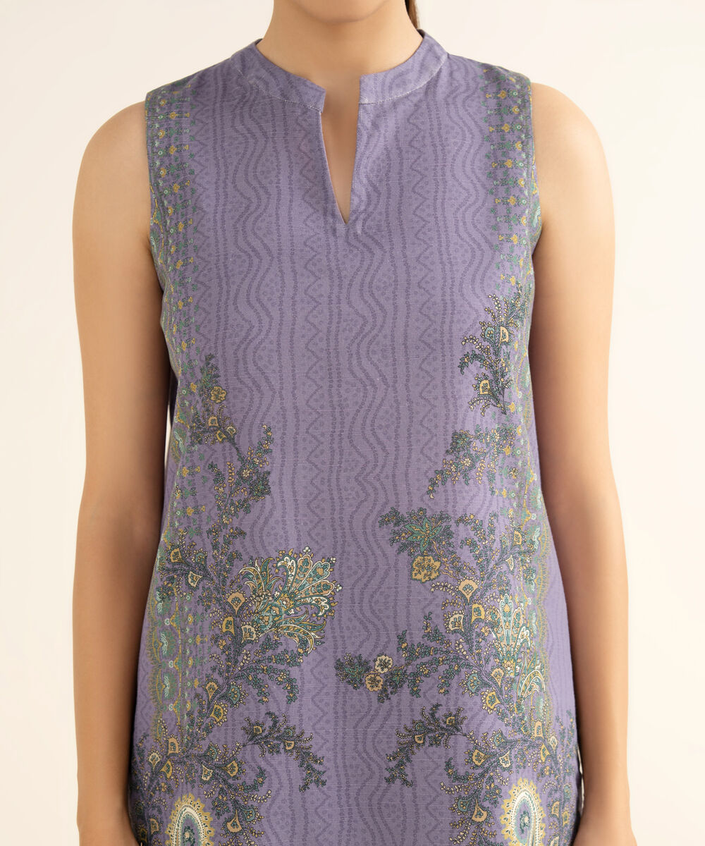 Women's Unstitched Cotton Printed Purple 3 Piece Suit