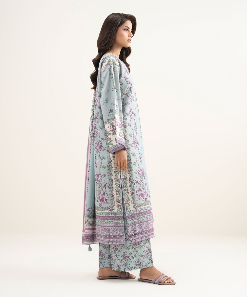 Women's Unstitched Zari Lawn Printed Blue 3 Piece Suit