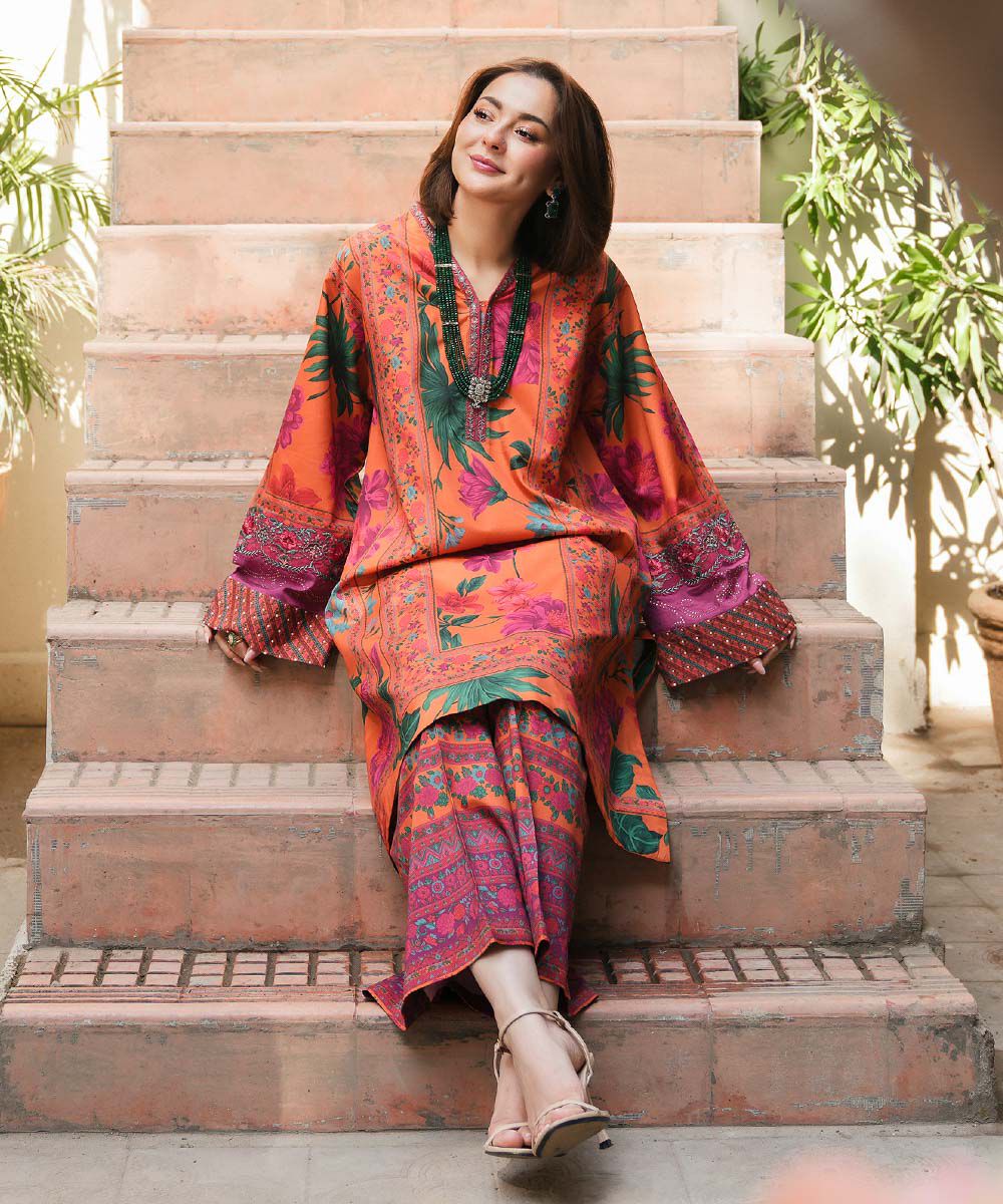 Woman - Orange 2 Piece - Embroidered Silk Suit